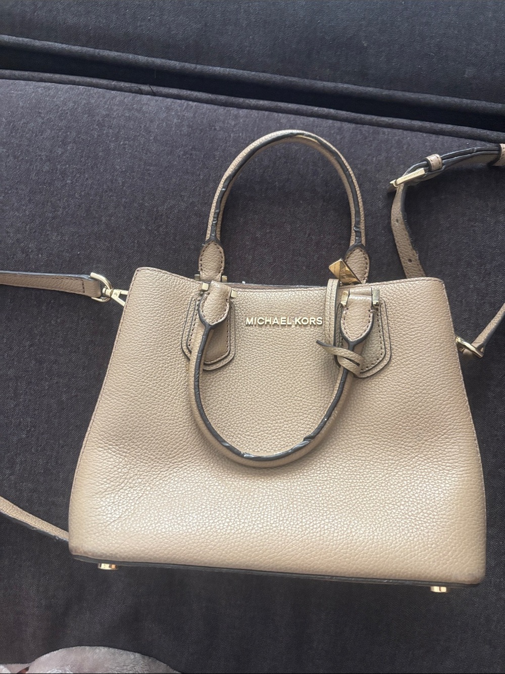 Michael Kors Taupe Pebbled Leather Satchel with Gold Hardware